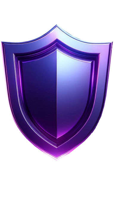 3D metallic icon of a shield with purple light